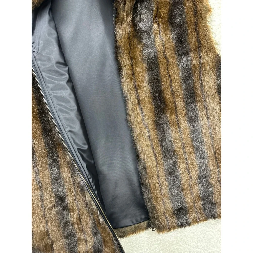 Womens Faux Fur Vest Brown Black Striped Zip Front Stand Collar Plush Lined